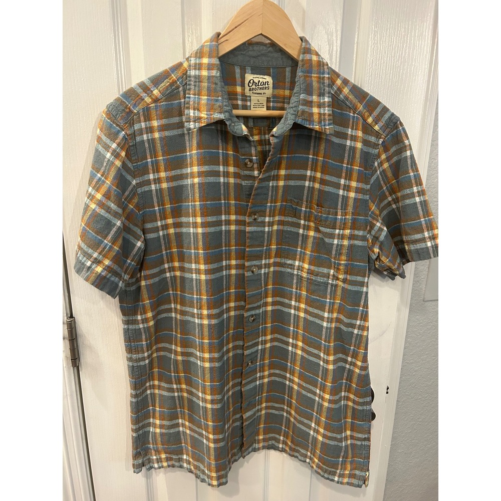 Orton‎ Brothers Button Down Shirt Blue  Plaid Linen Blend Short Sleeve Large